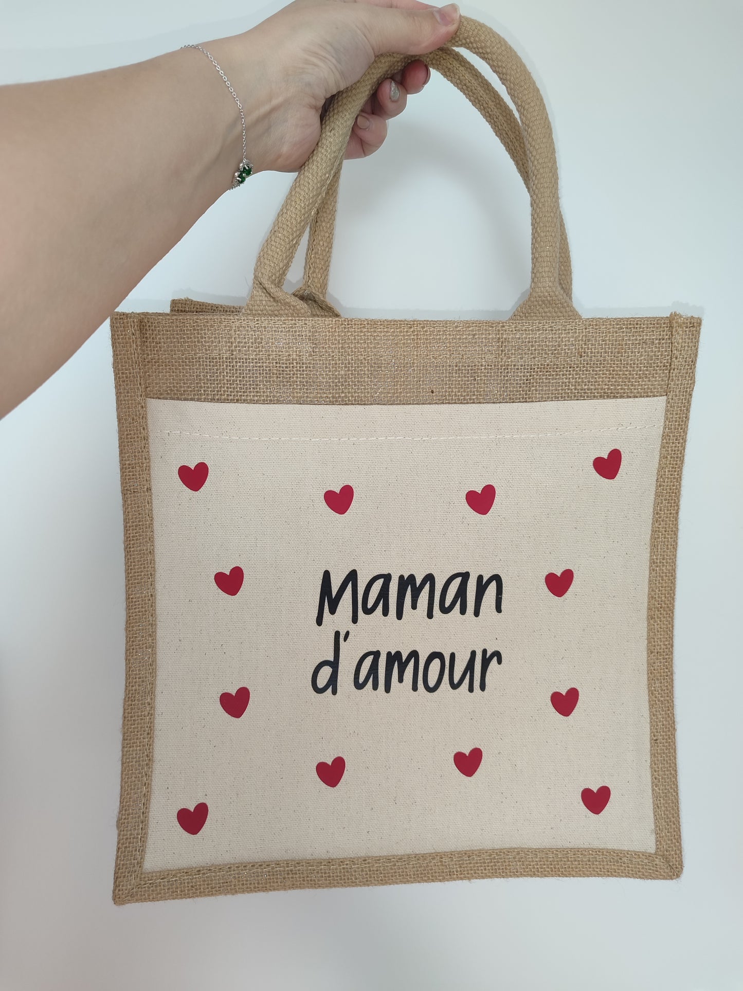 Sac en toile de jute petit coeur "Maman d'amour"